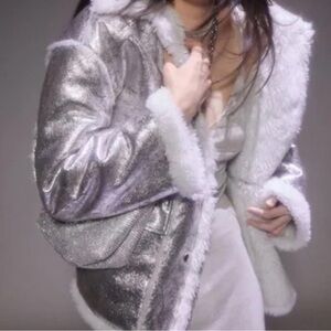 URBAN OUTFITTERS Metallic Shearling Coat. Silver. Size Large